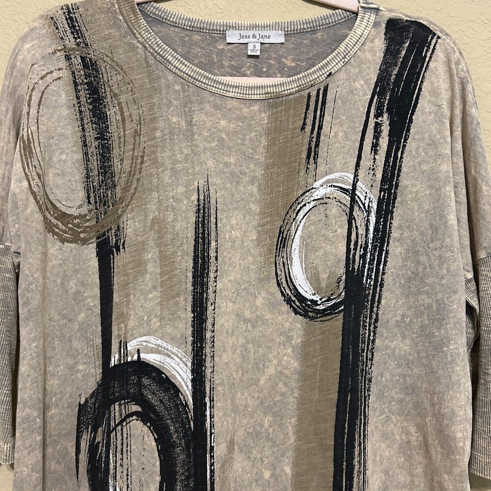 Jess & Jane Asymmetric Top Womens Small Beige Brown Geometric Art Boho Lagenlook - Picture 4 of 8
